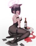  1girl absurdres alternate_costume animal_ears arm_strap arm_under_breasts ass backless_leotard bangs bare_back bare_shoulders black_choker black_hair black_leotard black_pantyhose blue_archive blush bottle breasts card cat_ears choker colored_inner_hair drink extra_ears fang feet food foreshortening full_body glass grey_background hair_ornament hairclip halo highleg highleg_leotard highres j.j_(66752902) kazusa_(blue_archive) large_breasts legs leotard looking_at_viewer macaron multicolored_hair nail_polish no_shoes nontraditional_playboy_bunny open_mouth pantyhose pink_hair pink_nails red_eyes see-through see-through_legwear short_hair sidelocks simple_background sitting soles solo spill strapless strapless_leotard streaked_hair tearing_up thigh_strap thighs toes tray two-tone_hair 