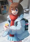  1girl :d absurdres amiya_(arknights) animal_ears arknights backpack bag blue_eyes blue_jacket blue_skirt bottle brown_hair commentary_request day food footprints fringe_trim highres holding holding_food jacket long_hair long_sleeves looking_at_viewer mittens open_clothes open_jacket outdoors pleated_skirt puffy_long_sleeves puffy_sleeves rabbit_ears red_scarf scarf siyu_csy skirt sleeves_past_wrists smile snow solo standing sweet_potato very_long_hair white_mittens yakiimo 