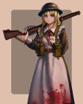  1girl absurdres apron bangs blonde_hair blood blood_on_clothes blue_eyes bolt_action brown_dress dress gun helmet highres holding holding_gun holding_weapon lee-enfield long_sleeves medium_hair military_helmet mole mole_under_eye neck_ribbon original parted_bangs red_ribbon ribbon rifle sidelocks solo standing union_jack weapon white_apron youotaku 