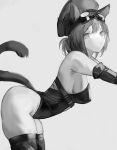  1girl absurdres animal_ears arknights armpits bare_shoulders bent_over breasts cat_ears cat_girl cat_tail closed_mouth commentary elbow_gloves english_commentary gloves gnai goggles goggles_on_head greyscale hat highres large_breasts leotard looking_at_viewer looking_to_the_side monochrome rockrock_(arknights) short_hair sideboob skindentation solo strapless strapless_leotard tail thighhighs 