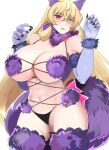  1girl abs animal_ears bangs bare_shoulders blonde_hair blush breasts claw_pose cleavage cosplay fairy_knight_gawain_(fate) fate/grand_order fate_(series) fur-trimmed_gloves fur_collar fur_trim gloves green_eyes heterochromia highres kankitsu_kei lace-trimmed_legwear lace_trim large_breasts long_hair looking_at_viewer mash_kyrielight mash_kyrielight_(dangerous_beast) mash_kyrielight_(dangerous_beast)_(cosplay) muscular muscular_female navel o-ring open_mouth purple_gloves purple_thighhighs red_eyes revealing_clothes solo tail thighhighs thighs wolf_ears wolf_tail 