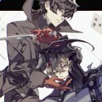  2boys akechi_gorou amamiya_ren armor bangs black_coat black_eyes black_hair black_pants black_vest brown_hair coat cowboy_shot gloves helmet highres holding holding_knife knife long_sleeves looking_at_viewer male_focus multiple_boys open_mouth pants persona persona_5 red_eyes red_gloves shiozakana short_hair smile standing upper_body vest 