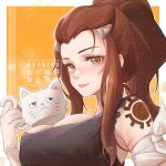  1girl absurdres artist_name bangs bare_shoulders breasts brigitte_(overwatch) brown_eyes brown_hair cleavage closed_mouth cup facial_mark forehead_mark highres holding holding_cup koriku large_breasts looking_at_viewer mug overwatch sleeveless smile solo tattoo upper_body 