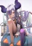  1girl ahoge bangs barefoot between_legs braid breasts convenient_arm demon_horns detached_sleeves fangs feet foot_out_of_frame grey_background hand_between_legs highres hololive horns jack-o&#039;-lantern knee_up la+_darknesss legs light_purple_hair long_hair long_sleeves looking_at_viewer multicolored_hair nail_polish open_mouth orange_eyes pero_(peroneko0510) purple_background purple_hair purple_thighhighs shirt sidelocks single_bare_leg single_thighhigh sitting sleeveless sleeveless_shirt sleeves_past_wrists slit_pupils small_breasts solo streaked_hair striped_horns thighhighs toenail_polish toenails toes very_long_hair virtual_youtuber 