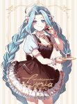  1girl ahoge apron bangs black_apron blue_dress blue_eyes blue_hair bow braid breasts character_name choker cowboy_shot dress eating food food_on_face frilled_apron frilled_dress frills full_mouth granblue_fantasy hair_bow holding holding_plate jewelry long_hair looking_at_viewer lyria_(granblue_fantasy) medium_breasts necklace parted_bangs patterned_background plate puffy_short_sleeves puffy_sleeves satuko8 short_sleeves solo twin_braids white_choker wrist_cuffs 