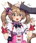  1-4daithi 1boy 1girl animal_ears back_bow black_bow black_bowtie blush bow bowtie brown_eyes brown_hair center_frills collared_shirt corset frilled_cuffs frilled_sleeves frills hair_bow hand_on_another&#039;s_head headpat highres horse_ears horse_girl horse_tail puffy_short_sleeves puffy_sleeves purple_corset red_wrist_cuffs shirt short_hair short_sleeves short_twintails sleeve_cuffs smart_falcon_(umamusume) sweatdrop tail trainer_(umamusume) twintails umamusume white_shirt 