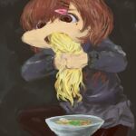  1girl ai_drawing_anime_characters_eating_ramen_(meme) bangs bbb_(b-san) black_pantyhose blue_sweater bowl brown_eyes brown_hair eating egg_(food) fine_art_parody food grey_background grey_skirt hair_between_eyes hair_ornament hairclip hands_up higuchi_madoka holding holding_food idolmaster idolmaster_shiny_colors indian_style long_hair long_sleeves meme miniskirt mole mole_under_eye noodles open_mouth own_hands_together pantyhose parody pleated_skirt ramen saturn_devouring_his_son sidelocks simple_background sitting sketch skirt solo sweater you&#039;re_doing_it_wrong 