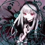  1girl bangs black_dress black_feathers doll_joints dress feathers frilled_sleeves frills grey_hair hairband highres joints lolita_hairband long_sleeves looking_at_viewer parted_lips red_eyes rozen_maiden shizune sidelocks solo suigintou thorns upper_body wide_sleeves 