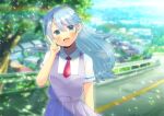  1girl :d aoi_shouko bangs blue_eyes blue_hair blurry blurry_background blush building collared_shirt commentary_request commission day depth_of_field dress floating_hair hair_between_eyes hand_up head_tilt kou_hiyoyo long_hair looking_at_viewer necktie outdoors pleated_dress pop&#039;n_music purple_dress railing rainbow red_necktie road shirt short_necktie short_sleeves skeb_commission sleeveless sleeveless_dress smile solo tree v very_long_hair white_shirt 