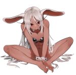  1girl abs absurdres animal_ears barefoot between_legs black_bra boku_no_hero_academia bottomless bra breasts butterfly_sitting cleavage dark-skinned_female dark_skin detached_collar eungi feet full_body hair_between_eyes hand_between_legs highres leaning_forward long_eyelashes long_hair looking_at_viewer mirko nail_polish navel rabbit_ears rabbit_girl red_eyes red_nails shiny shiny_clothes sitting smile soles solo toenail_polish toenails toes toned underwear very_long_hair white_background white_hair wrist_cuffs 