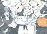  2girls abyssal_ship apron breasts claws dress hat horns jack-o&#039;-lantern kantai_collection large_breasts long_hair mittens multiple_girls ninimo_nimo northern_ocean_princess red_eyes seaport_princess single_horn sleeveless sleeveless_dress very_long_hair white_apron white_dress white_hair white_headwear 