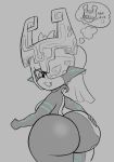  2022 25circle armor big_butt breasts butt butt_squish english_text fangs female hair hand_on_butt headgear helmet hi_res holding_butt huge_butt humanoid imp legs_together line_art long_hair looking_back midna monochrome nintendo one_eye_obstructed open_mouth open_smile pictographics simple_background smile solo squish standing text the_legend_of_zelda thought_bubble twili twilight_princess video_games white_background 