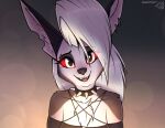  2022 anthro big_ears breasts bust_portrait canid canid_demon chest_tuft clothing collar demon ear_piercing ear_ring eyebrow_piercing eyebrow_through_hair eyebrows eyelashes facial_piercing female fur grey_hair hair hellhound helluva_boss hi_res inner_ear_fluff long_ears long_hair looking_at_viewer loona_(helluva_boss) mammal notched_ear open_mouth open_smile piercing portrait red_sclera ring_piercing shoulder_tuft smile solo spiked_collar spikes stargazer translucent translucent_hair tuft white_body white_fur 