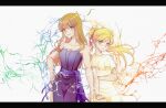  2girls absurdres ayan_ip bangs bare_arms blonde_hair blush breasts cleavage collarbone commentary_request dress eyelashes frills green_(pokemon) hair_ribbon hand_on_hip highres long_hair multiple_girls parted_lips pokemon pokemon_adventures ponytail purple_dress ribbon strapless strapless_dress white_background yellow_(pokemon) yellow_dress yellow_eyes 