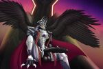  absurd_res ahegarou anthro armor avian balls big_balls big_penis black_body black_feathers black_wings cape chair chozo claws clothing feathers furniture genitals glowing glowing_eyes hi_res holding_penis huge_balls huge_penis humanoid hyper looking_at_viewer looking_down_at_viewer low-angle_view male metroid metroid_dread nintendo penis raven_beak red_eyes sitting solo spacesuit spread_wings talons throne video_games wings 