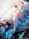  1girl absurdres blonde_hair blue_butterfly blue_flower blue_rose bug butterfly butterfly_on_hand closed_eyes closed_mouth corset flower flower_over_eye glowing_butterfly hand_up highres kakami_(pixiv7616827) kirakishou long_sleeves rose rozen_maiden smile solo white_flower white_rose wide_sleeves 