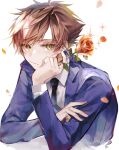  1boy absurdres bangs black_necktie blazer brown_hair collared_shirt crossed_arms diffraction_spikes falling_petals flower hand_on_own_face highres hitachiin_kaoru holding holding_flower jacket light_blush long_sleeves looking_at_viewer male_focus necktie orange_flower orange_rose ouran_high_school_host_club ouran_high_school_uniform petals purple_jacket purple_necktie rose school_uniform shirt short_hair simple_background solo swept_bangs two-tone_necktie u-sama_(u_summer0719) white_background white_shirt yellow_eyes 