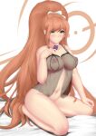  1girl artist_name blush breasts brown_hair condom danganronpa_(series) danganronpa_3_(anime) green_eyes highres holding holding_condom kneeling lingerie long_hair looking_at_viewer navel negligee newovermind nipples no_bra no_panties paid_reward_available smile solo underwear very_long_hair web_address yukizome_chisa 