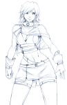  1girl asymmetrical_clothes breasts capelet cleavage contrapposto daniel_fielding eyebrows_hidden_by_hair gloves hair_over_one_eye highres medium_breasts midriff miniskirt monochrome navel original skirt solo thighhighs 