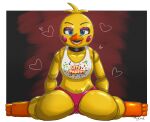  &lt;3 absurd_res animatronic anthro avian ball_joints beak bib bird black_background blue_eyes chicken clothing doll_joints eyelashes eyeshadow female five_nights_at_freddy&#039;s five_nights_at_freddy&#039;s_2 galliform gallus_(genus) head_feathers head_tuft hi_res kinkybird kneeling looking_at_viewer machine makeup navel panties phasianid pink_clothing pink_panties pink_underwear purple_eyeshadow red_background robot rosy_cheeks scottgames simple_background smile solo text text_on_clothing thick_thighs toothed_beak toy_chica_(fnaf) tuft underwear video_games white_background wide_hips yellow_body 