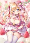  1girl animal_ears bangs bare_shoulders blonde_hair blush breasts cleavage clothes_lift dress flower food frills fruit hair_ornament hat large_breasts lifted_by_self long_hair looking_at_viewer mitsuba_choco one_eye_closed original panties ribbon smile solo strawberry thighhighs underwear 