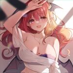  1girl :d arm_up bare_shoulders bat_wings blurry breasts cleavage depth_of_field head_wings highres huge_breasts jewelry koakuma long_hair looking_at_viewer low_wings mini_wings natsuki_(ukiwakudasai) off-shoulder_shirt off_shoulder open_mouth pink_eyes pointy_ears red_hair shirt smile solo touhou wings 
