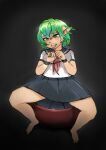  2022 black_background black_bottomwear black_clothing black_skirt bodily_fluids bottomwear canid clothing female fur green_body green_eyes green_fur green_hair hair hi_res human human_to_anthro mammal open_mouth school_uniform simple_background sitting skirt solo species_transformation tears toribako transformation uniform wrists_tied 