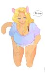  2022 alpha_channel anthro big_breasts blonde_hair blue_clothing blue_eyes blue_topwear breasts cheese_quesadilla cleavage clothed clothing corablue dialogue digital_media_(artwork) english_text felid female hair hi_res leaning leaning_forward mammal mature_female pink_nose simple_background smile solo text topwear transparent_background 