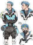  1boy absurdres alternate_hair_color apex_legends balisong black_jacket black_shorts black_sweater blue_eyes blue_hair blue_jacket butterfly_knife_(apex_legends) cable chinese_commentary crossed_arms goggles goggles_on_head green_eyes hair_behind_ear head_tilt helmet highres jacket kiiwy knife looking_at_viewer looking_to_the_side male_focus mask mechanical_legs motorcycle_helmet mouth_mask multicolored_clothes multicolored_jacket multiple_views octane_(apex_legends) official_alternate_costume open_mouth realistic shorts sketch sweater the_victory_lap_octane undercut white_jacket 