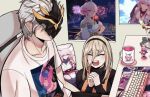  1boy 1girl aponia_(honkai_impact) apron artist_request black_hairband black_sweater blonde_hair character_print closed_eyes collarbone cup dakimakura_(object) figure hair_between_eyes hairband honkai_(series) honkai_impact_3rd indoors kalpas_(honkai_impact) keyboard_(computer) long_hair mask mug open_mouth orange_apron own_hands_clasped own_hands_together pillow poster_(object) shirt sitting sweater t-shirt table turtleneck turtleneck_sweater white_hair white_shirt yae_sakura 