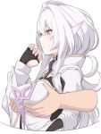  1girl ahoge blush breast_hold breasts fate/prototype fate_(series) gloves hair_ornament holding lady_avalon_(fate) large_breasts long_hair looking_away merlin_(fate/prototype) red_eyes robe shiseki_hirame simple_background smile suzume_(simple0091) white_hair white_hood white_robe 