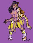  2016 6_breasts black_hair breasts felid female hair halcy0n hi_res human human_to_anthro machairodontine mammal multi_breast nipples pink_background power_rangers simple_background solo species_transformation standing transformation trini_kwan 