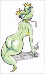  anthro blue_eyes breasts butt dreamworks female kung_fu_panda looking_back master_viper nude open_mouth reddragonkan reptile scalie semi-anthro snake solo tongue tongue_out traditional_media_(artwork) 