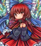  1girl bangs black_shirt blue_bow bow cape closed_mouth cowboy_shot embellished_costume frilled_bow frills hair_bow long_sleeves looking_at_viewer marker_(medium) medium_hair own_hands_together red_cape red_eyes red_hair red_ribbon red_skirt ribbon rui_(sugar3) sample_watermark sekibanki shirt skirt smile solo standing touhou traditional_media 