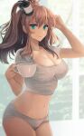  1girl blue_eyes breasts brown_hair cleavage closed_mouth collarbone cowboy_shot cup hair_between_eyes highres holding holding_cup kantai_collection kasumi_(skchkko) large_breasts long_hair looking_at_viewer navel panties saratoga_(kancolle) shirt short_sleeves side_ponytail smile solo underwear white_panties white_shirt 
