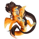  1:1 absurd_res ambiguous_gender blue_eyes blue_pawpads blue_sclera blue_tongue brown_body brown_fur corzh77 dragon duo fangs feathers feral fur furred_dragon glistening glistening_eyes hi_res nibbling open_mouth orange_body orange_feathers orange_fur pawpads simple_background tail_tuft tongue tuft unsigned white_background yellow_body yellow_feathers yellow_fur 