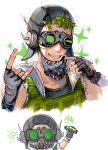  1boy \n/ apex_legends black_gloves black_headwear black_shirt chibi chibi_inset chinese_commentary collarbone fang fingerless_gloves gloves goggles green_hair green_vest highres holding hongpixishi looking_at_viewer male_focus multiple_views octane_(apex_legends) portrait shirt smile sparkle traditional_media vest white_background 