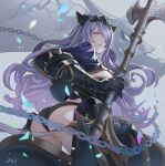 1girl absurdres ass axe black_gloves black_panties breasts camilla_(fire_emblem) commentary da-cart dragon fire_emblem fire_emblem_fates gloves hair_over_one_eye highres holding holding_axe holding_weapon horns large_breasts long_hair looking_at_viewer panties purple_eyes purple_hair solo underwear very_long_hair weapon 