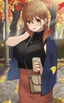  1girl :d absurdres autumn autumn_leaves bangs between_breasts black_sweater blue_jacket breasts brown_eyes brown_hair coffee_cup cowboy_shot cup day disposable_cup earrings falling_leaves hair_between_eyes hand_up high-waist_skirt highres holding holding_cup jacket jacket_on_shoulders jewelry large_breasts leaf long_hair looking_at_viewer necklace open_clothes open_jacket open_mouth original outdoors park red_skirt skirt smile solo strap_between_breasts sweater t_bone_(06tbone) tree 