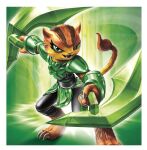  2014 3_toes action_pose activision anthro border claws fangs feet felid female fur green_eyes hi_res holding_object holding_weapon looking_at_viewer mammal official_art orange_body orange_fur pantherine pose skylanders skylanders_trap_team solo toe_claws toes tuff_luck unknown_artist video_games weapon white_border 