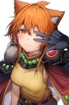  1girl ;) absurdres animal_ears black_gloves cape closed_mouth commission fang gloves highres lina_inverse long_hair looking_at_viewer one_eye_closed orange_eyes orange_hair red_cape shirt simple_background skeb_commission skin_fang slayers smile solo tab_head w white_background yellow_shirt 