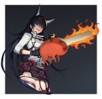 1girl absurdres animal_ears arknights black_gloves black_shorts blaze_(arknights) blue_eyes blue_hair cat_ears cat_girl cat_tail chainsaw chainsaw_man chest_belt commentary dress fire gloves hairband highres holding holding_chainsaw jacket jason_kim long_hair pochita_(chainsaw_man) red_hairband shorts smile tail tank_top weapon white_dress white_jacket white_tank_top 