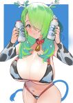  1girl animal_print antlers bell bikini bottle breasts ceres_fauna cleavage collar cow_print cowbell detached_sleeves dismassd earrings green_hair green_nails hair_over_one_eye highres holding holding_bottle hololive hololive_english jewelry large_breasts long_hair milk_bottle mole mole_under_eye navel red_collar solo swimsuit tail thighs virtual_youtuber yellow_eyes 