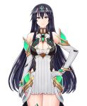  1girl absurdres ayra_(fire_emblem) bare_legs bare_shoulders black_hair breasts chest_jewel cleavage cleavage_cutout clothing_cutout cowboy_shot dress earrings elbow_gloves expressionless fire_emblem fire_emblem:_genealogy_of_the_holy_war gloves grey_eyes hand_on_hip highres jewelry large_breasts long_hair looking_at_viewer mythra_(xenoblade) saikunartworks short_dress simple_background solo tiara very_long_hair white_background white_dress white_gloves xenoblade_chronicles_(series) xenoblade_chronicles_2 