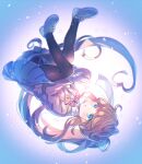  1girl aicedrop alternate_legwear aqua_eyes black_pantyhose blue_skirt brown_hair brown_jacket commentary_request doki_doki_literature_club full_body hair_ribbon heart heart_hair jacket long_hair long_sleeves looking_at_viewer monika_(doki_doki_literature_club) pantyhose parted_lips pleated_skirt ponytail ribbon school_uniform skirt solo upside-down very_long_hair white_ribbon 