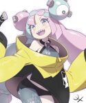  1girl bow-shaped_hair character_hair_ornament hair_ornament hexagon_print highres iono_(pokemon) jacket long_hair low-tied_long_hair omeyokan oversized_clothes pokemon pokemon_(game) pokemon_sv sharp_teeth shirt sleeveless sleeveless_shirt sleeves_past_fingers sleeves_past_wrists solo teeth very_long_sleeves x yellow_jacket 