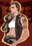  1girl absurdres apex_legends arm_tattoo belt black_belt black_eyes breasts brown_belt brown_hair chinese_commentary cigar cropped_shirt english_commentary eyepatch fuse_(apex_legends) genderswap genderswap_(mtf) grey_hair grey_pants hair_behind_ear highres holding holding_cigar jewelry lenjor looking_at_viewer mechanical_arms medium_breasts midriff multicolored_hair navel necklace one_eye_covered pants shirt short_hair single_mechanical_arm skull_and_crossbones smile smoking streaked_hair tattoo white_shirt 