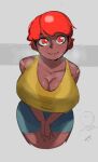  1girl among_us bandages breasts cleavage dark_skin english_commentary highres krekkov large_breasts looking_at_viewer medium_hair red_(among_us) red_hair short_hair skirt standing sweat tank_top 
