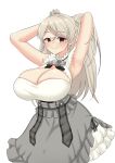  1girl absurdres armpits arms_behind_head arms_up breasts brown_eyes cleavage_cutout clothing_cutout conte_di_cavour_(kancolle) conte_di_cavour_nuovo_(kancolle) corset dress frilled_dress frills grey_dress grey_hair highres huge_breasts kantai_collection layered_dress long_hair puffywaffles sleeveless sleeveless_dress solo two-tone_dress two_side_up white_dress 