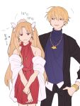  1boy 1girl alternate_costume bare_shoulders black_jacket blonde_hair blue_shirt bracelet cross cross_necklace dress earrings ereshkigal_(bitter_sweet)_(fate) ereshkigal_(fate) fate/grand_order fate_(series) gilgamesh_(fate) gold_bracelet hair_ribbon hand_in_pocket headpat highres hinata_(eine_blume) holding_own_wrist hoop_earrings infinity jacket jewelry light_frown long_hair necklace official_alternate_costume open_mouth red_dress red_eyes ribbon shawl shirt smile smug sweatdrop translation_request unamused white_ribbon white_shawl 